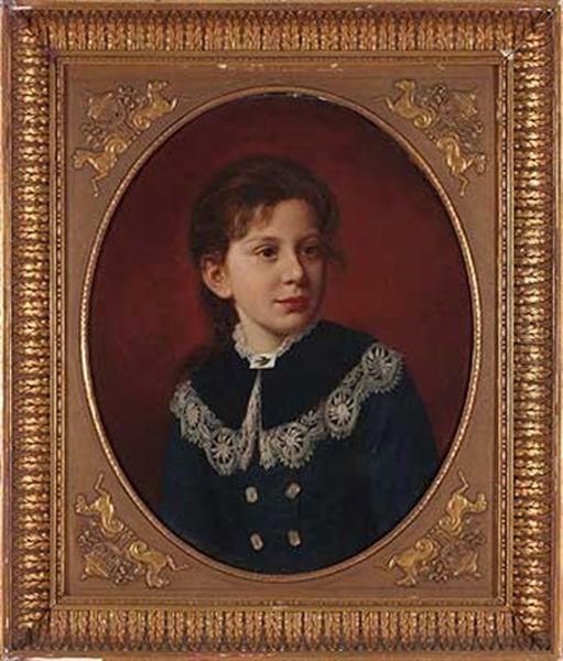Portrait Eines Madchens In Blauem Kleid Mit Spitze Und Brosche Mit Vogel - view 1