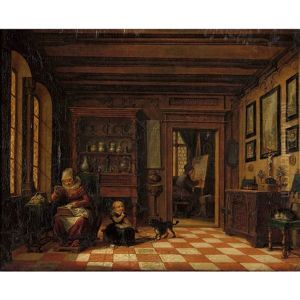 Interieur Mit Frau Bei Der Stickarbeit Und Maler An Der Staffelei
