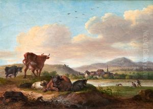 Paar Gegenstucke: Ruhendes Vieh Am Ufer by Maximilian Neustueck