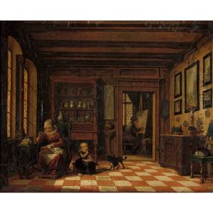 Interieur Mit Einer Frau Bei Der Stickarbeit Und Maler An Der Staffelei by Maximilian Neustueck
