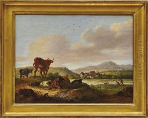 Zwei Flusslandschaften Mit Weidenden Tieren by Maximilian Neustueck