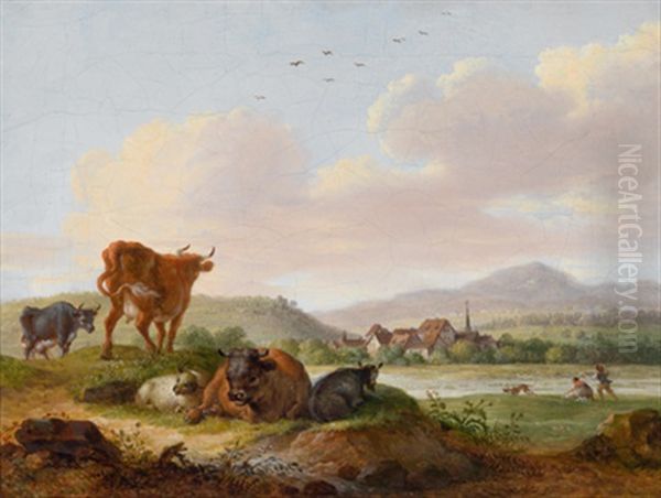 Sudliche Landschaft Mit Ruhenden Kuhen, Im Hintergrund Ein Fluslauf (+ Eine Sudliche Landschaft Mit Ruhenden Kuhen, Im Hintergrund Ein Dorf; Pair) - view 1