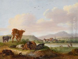 Sudliche Landschaft Mit Ruhenden Kuhen, Im Hintergrund Ein Fluslauf (+ Eine Sudliche Landschaft Mit Ruhenden Kuhen, Im Hintergrund Ein Dorf; Pair) by Maximilian Neustueck