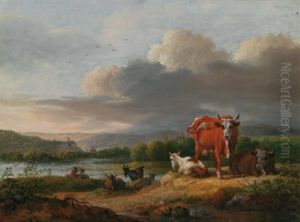 Sudliche Landschaft Mit Ruhenden Kuhen Und Rastenden Hirten Im Hintergrund by Maximilian Neustueck