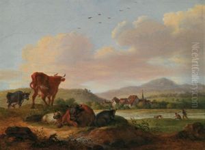 Sudliche Landschaft Mit Ruhenden Kuhen Und Einem Dorf Im Hintergrund by Maximilian Neustueck