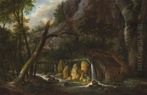 Waldlandschaft Mit Wassermuhle Und Einem Jager - view 1