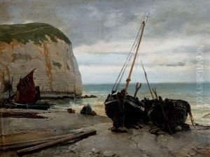 Barques De Pecheur Sur La Rive A Etretat by Alphonse Marie de Neuville
