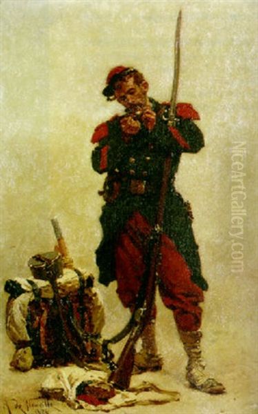 An Infantry Soldier Standing At Rest With A Musket, Lighting A Pipe - view 1