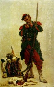 An Infantry Soldier Standing At Rest With A Musket, Lighting A Pipe by Alphonse Marie de Neuville