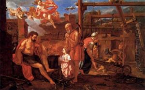 Die Schmiede Des Vulkan, Daruber Schwebt Iris, Die Schwester Des Helios Und Der Selene, Eine Allegorie Von Feuer Und Luft Die Schmiede Des Vulkan, Daruber Schwebt Iris, Die Schwester Des Helios Und Der Selene, Eine Allegorie Von Feuer Und Luft