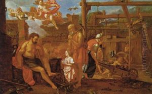 Die Schmeide Des Vulkan, Daruber Schwebend Iris, Die Schwester Des Helios Und Der Selene, Eine Allegorie Von Feuer Und Luft