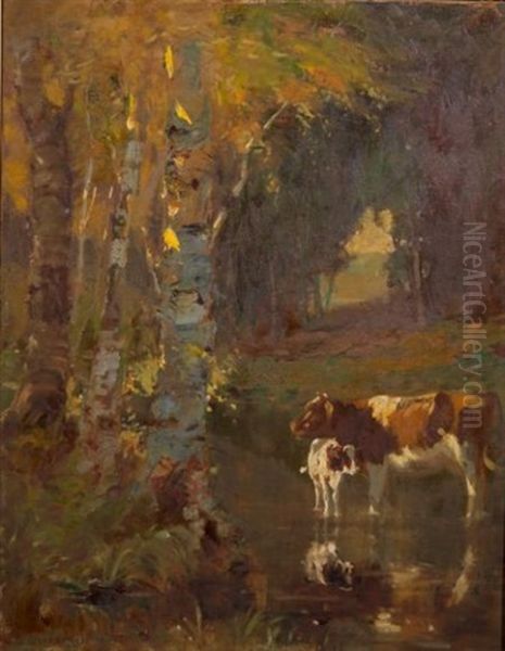 Cow And Calf In The River Shallows, Autumn - view 1
