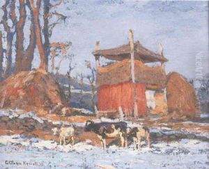 Cattle Grazing In A Snow Covered Landscape by George Glenn Newell