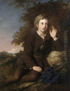 A Young Boy Resting In A Wooded Landscape by Frederick Newenham