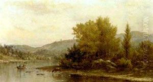 A River Landscape With Figures In A Boat And Cattle Watering by Kate White Newhall