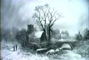 A Winter Wooded River Landscape With Figures On A Track A Church Beyond by Francis Newton