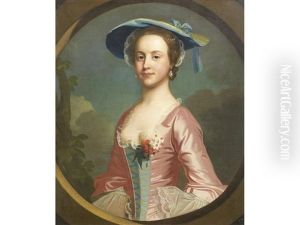 Portrait Of Kitty Warner, Half-length, In A Pink Silk Dress And Blue Hat, Standing Before A Landscape, Within A Painted Oval
