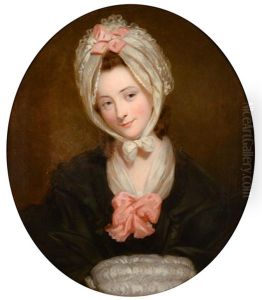 Portrait Of Catherine Schindelerin, Head And Shoulders, Wearing A White Bonnet Tied And Decorated With A Pink Bow by Gilbert Stuart Newton