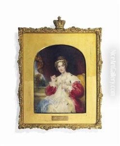 Queen Adelaide (1792-1849), Stitching A Piece Of Lace Held In Her Left Hand, In Ermine-lined Red Velvet Cloak Queen Adelaide (1792-1849), Stitching A Piece Of Lace Held In Her Left Hand, In Ermine-lined Red Velvet Cloak
