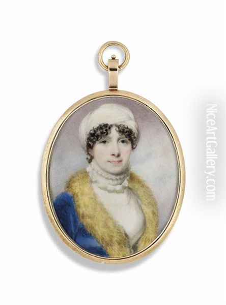 A Lady, In White Dress, Fur-collared Blue Coat, White Turban - view 1