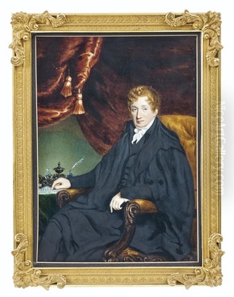 Portrait D'un Homme Assis Sur Une Chaise Dans Un Interieur Vert Avec Un Rideau Rouge - view 1