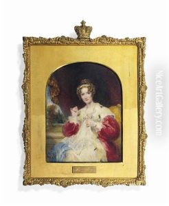 Queen Adelaide (1792-1849), In Ermine-lined Red Velvet Cloak, White Dress, Stitching A Piece Of Lace Held In Her Left Hand