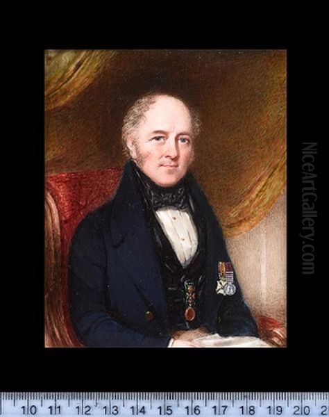 A Gentleman (henry John Allen Esq ?) Seated In A Red Upholstered Chair, Wearing Blue Coat, Black Velvet Waistcoat, White Chemise And Black Stock - view 1
