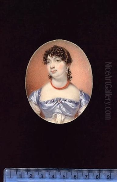 A Lady, Wearing White Dress With Pale Blue Satin Bodice And Shoulder Caps, Brooch At Her Corsage, Coral Necklace And Jewelled Drop Earring - view 1