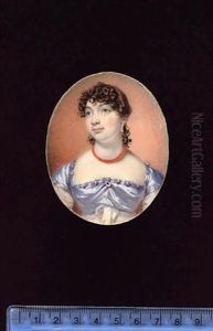 A Lady, Wearing White Dress With Pale Blue Satin Bodice And Shoulder Caps, Brooch At Her Corsage, Coral Necklace And Jewelled Drop Earring