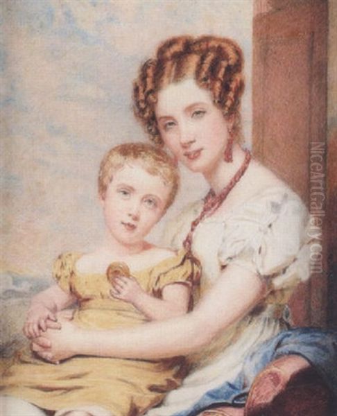 A Lady And Child, She Wears White Short-sleeved Dress, Coral Necklace And Matching Pendant Earrings, Her Son Wears Yellow Dress And Holds A Toy - view 1