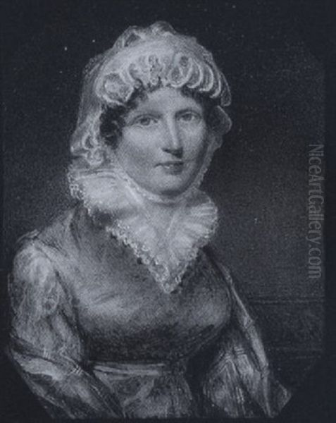 The Hon. Jean Rollo Wearing Pale Blue-green Dress With Frilled White Collar, White Bonnet Tied Beneath Her Chin And Mauve Shawl  Shot With Gold Braid - view 1