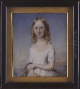 Lady De Hochepied Larpent As A Girl, Her Long Blonde Hair In Ringlets, Wearing White Dress, She Holds A Flower In Her Right Hand, A Shawl Over Her Arm by William John (Sir) Newton