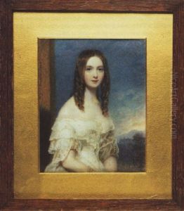 A Young Lady (mrs. Harvey?), Her Hair In Long Ringlets, Wearing Decollete White Dress With Strands Of Pearls, Landscape Background