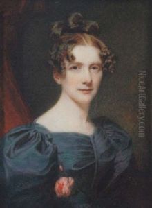 Portrait Of Miss Gardiner Wearing Green Dress With Puff-sleeves And Pink Rose Tucked In Her Waistband, Red Curtain Background