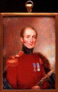 An Officer In Scarlet Coatee With Gold Epaulette, Dark Blue Collar, Crimson Waist-sash And Dark Blue Fur Trim Cape