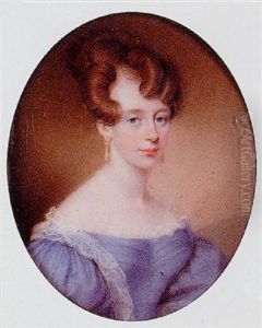 A Lady, Her Auburn Hair Piled High, Wearing Decollete Blue Dress With White Lace Trim And Gold Drop Earrings