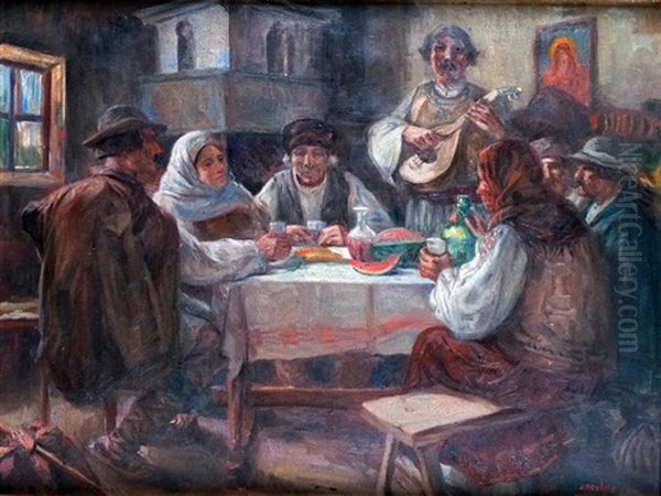 Repas Paysan Avec Joueur De Mandoline Et Jeu De Cartes En Roumanie - view 1