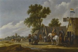 Horsemen And Travelers Standing In Front Of An Encampment, A View Of A Ruined Tower Beyond