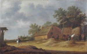 A Dune Landscape With Farmers Unloading A Hay Wagon Near A Farm House, A Horseman On A Sandy Path To The Left by Pieter de Neyn