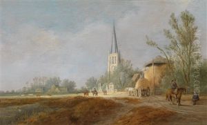 Dorfansicht Mit Der Kirche Von Voorschoten (zwischen Den Haag Und Leiden) Und Einem Heustock, Der Beladen Wird