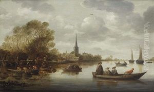 A River Landscape With Fishermen, Elegant Figures In A Ferry, A Village And Sailing Vessels In The Distance by Pieter de Neyn