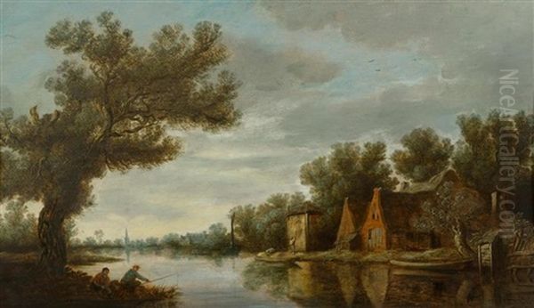 Dorfhauser Mit Heustock Und Anglern An Einem Fluss - view 1