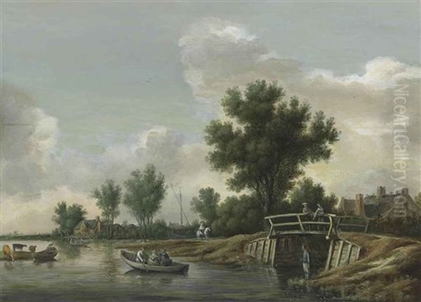 A River Landscape With An Angler On A Shore, Rowing Boats, Two Men Observing From A Bridge, A Man On Horseback And A Village Beyond - view 1