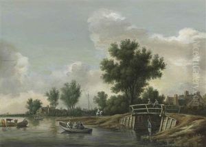 A River Landscape With An Angler On A Shore, Rowing Boats, Two Men Observing From A Bridge, A Man On Horseback And A Village Beyond by Pieter de Neyn