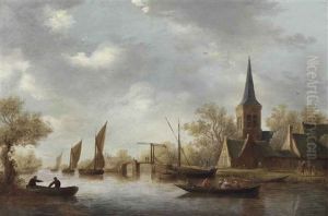A River Landscape With Figures Fishing, With Rowing And Sailing Boats, A Church Beyond