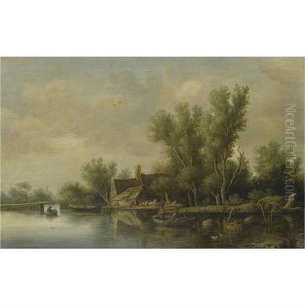 A River Estuary With Two Peasants Fishing In A Rowing Boat Near A Farmhouse - view 1