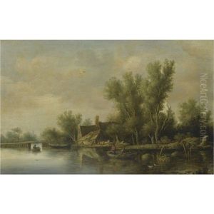 A River Estuary With Two Peasants Fishing In A Rowing Boat Near A Farmhouse