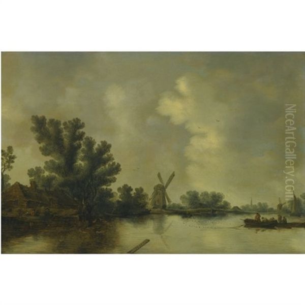 A River Landscape With Fishermen Casting Their Net, A Windmill Beyond - view 1