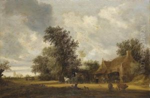 A Wooded River Landscape With Two Rowing Boats And Peasants By A Farmhouse by Pieter de Neyn