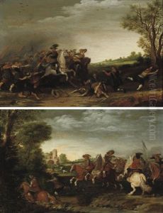 A Cavalry Skirmish Near A Bridge (+ A Cavalry Skirmish Near A River; Pair) by Pieter de Neyn